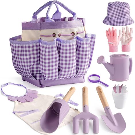 Ensemble de jardinage pour enfants de 17 pièces avec arrosoir, tablier, fourchette et pelle, pelle cylindrique, gants de jardinage et sac fourre-tout, jouets de jardin d'extérieur pour (1/5)