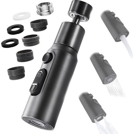 Aérateur de Robinet, 360° Pivotant Embout Robinet Cuisine avec 3 Modes Douchette Mousseur Robinet Economie Eau, Adaptateur Economiseur D'eau Pour Robinet Salle De Bain lavabo (Noir) (1/5)
