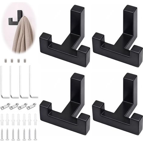 Lot de 4 Crochets de Penderie Noirs en Métal, Double Crochet à Visser, Crochets Muraux pour Panneaux Acoustiques, Chambre, Salon, Salle de Bain, Cuisine pour Manteaux, Vestes, Chapeaux et Sacs (1/5)