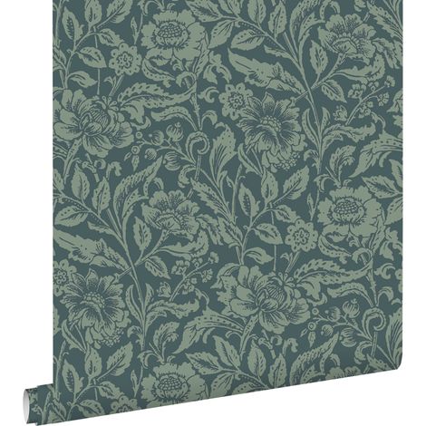papier peint fleurs vintage bleu foncé et vert grisé - ESTAhome (1/5)