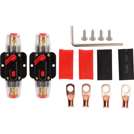 Interruttore automatico in linea da 12-24 V con portafusibili a ripristino manuale, morsetti per batteria, guaina termorestringente per auto, barca, impianto audio 100 A. (1/4)
