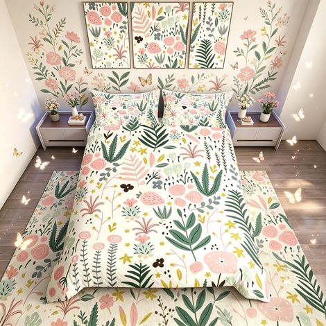 Parure de lit avec motif floral rose pour enfants, garçons et filles, feuilles et fleurs botaniques, housse de couette printanière, résistante pour lit double (1/5)