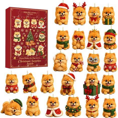 Adventskalender 2026 mit 24 niedlichen Pomeranian-Figuren aus Acryl – festlich gekleidete Hunde als Christbaumschmuck – das perfekte Geschenk für Hundeliebhaber (1/5)