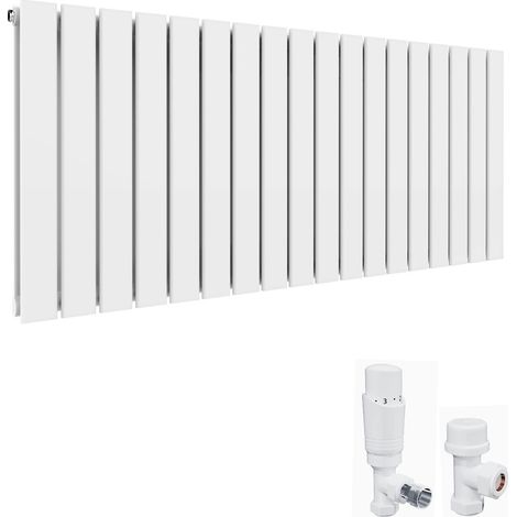 ELEGANT 600 x 1360 mm Designer Horizontal Radiator White Double Flat Panel Bathroom Radiators Modern Panel Heaters + White Thermostatic Radiator Valves (1/5)