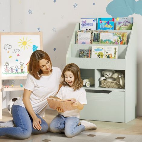 Bibliothèque pour enfants avec tiroir, 3 étagères et 2 compartiments ouverts, meuble de rangement pour chambre d'enfant ou salle de jeux, vert clair, 60 x 29,9 x 90 cm (1/5)