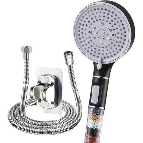 Douchette à main avec flexible et support mural, 5 jets, filtre, interrupteur économie d'eau pour camping-cars et caravanes, noire, 1,5 m (1/5)