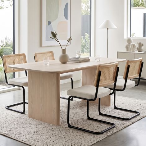 Lot de 4 Chaise dossier rotin Design Mid-Century, Tissu Chenille Ivoire et Dossier Cannage - Assise Rembourré, Pieds Métal - Beige (1/5)
