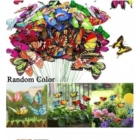 Lot de 100 papillons colorés de 25 cm pour décoration de jardin sur bâtonnets de papillons pour terrasse, pelouse, papillons (1/4)