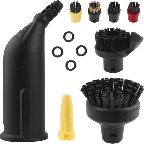 Passend für das Rundbürsten-Set und die Düse der Kärcher Dampfreiniger SC1, SC2, SC3, SC4 und SC5. Zubehör: schwarze Verlängerungsdüse, große Rundbürste, Ersatzteile mit 4 kleinen Bürsten. (1/5)