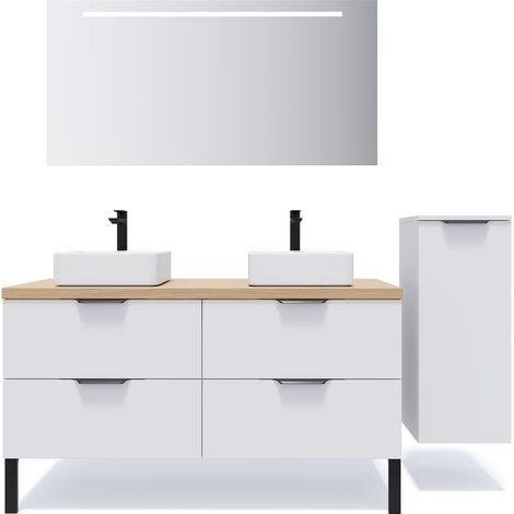 Meuble de salle de bain suspendu 2 vasques à poser 140cm 4 tiroirs Blanc + miroir + colonne ouverture droite - Soho (1/5)