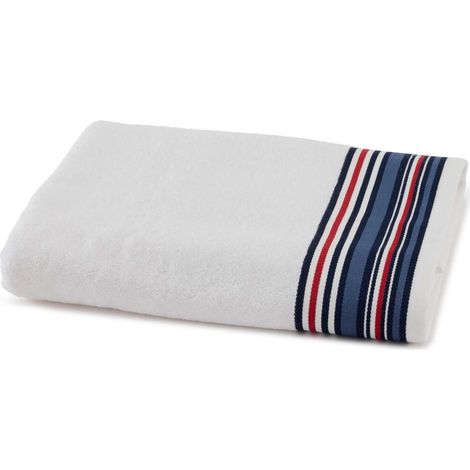 Serviette de Douche, White, Éponge Boucle, 480 g/m², 100% Coton, Bordure tissée rayée, Léger et Absorbant, 70x140 cm (1/3)