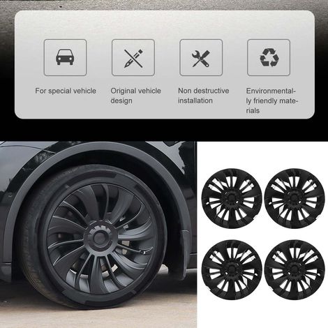 (À combiner avec l'article 1617230005511 en vente) (T04) (Vidéo disponible) 4 enjoliveurs noirs brillants pour jantes 19 pouces Tesla Model Y 2020-2023 (14 rayons, sans marquage). Design symétrique, s (1/5)