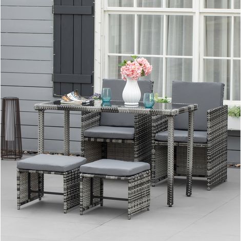 Conjunto de jardín de 5 piezas para interior y exterior, con cojines, mesa con tablero de vidrio, metal, gris (1/5)