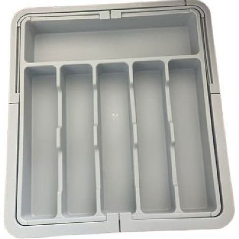 Grey silverware drawer organizer, expandable kitchen utensil tray, cutlery and utensil rack, adjustable plastic storage for spoons, forks and knives. (1/2)