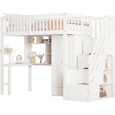 CAIziLit mezzanine 90x200 dressing bureau escalier rangement bois blanc (1/5)