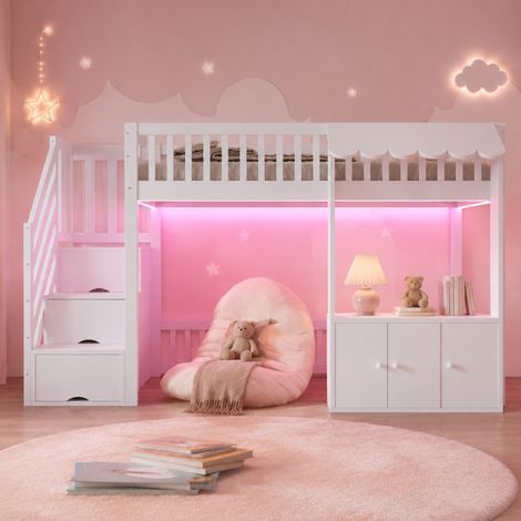CHICFURN Letto a soppalco per bambini 90x200 cm bianco con scala contenitore e LED (1/5)