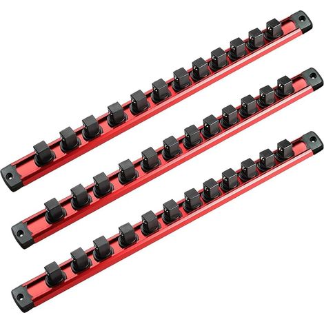 Lot de 3 Rails à Douilles Magnétiques en Aluminium, 40cm - avec 36 Clips Rotatifs Rouges pour 1/2" - Organisateur de Douilles pour Garage et Atelier (1/5)