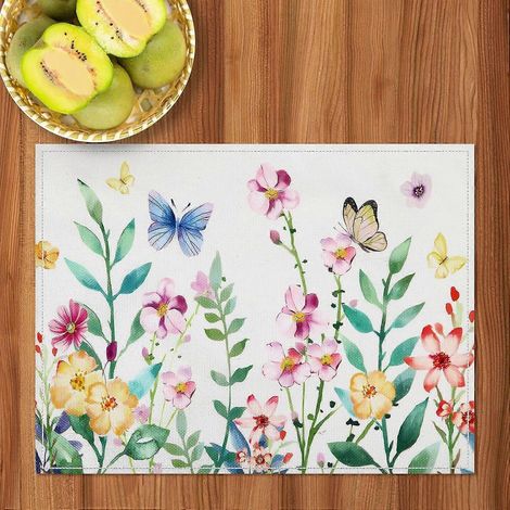 Ensemble de 4 sets de table printaniers, 32 x 43 cm, motifs papillons et fleurs, pour une fête printanière (1/4)