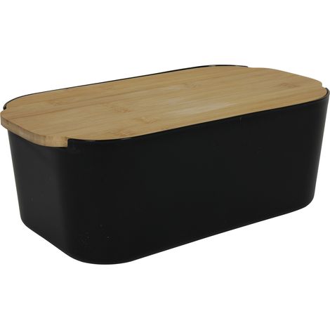 Boîte à pain en plastique noir avec plateau et couvercle en bambou, modèle 33 x 18 cm (1/2)