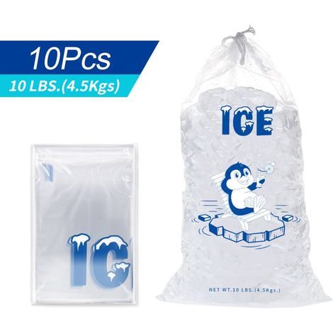 Sac À Glace En Plastique Transparent - 10 L - Fermeture Par Cordon - Pour Stockage De Glace Et Autres Usages - Lot De 10 (1/4)
