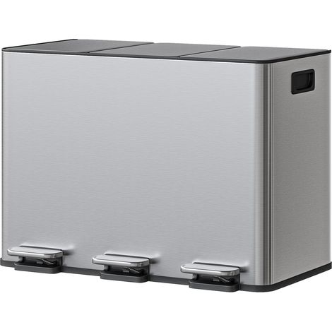 Poubelle de cuisine à pédale 45 L (3 x 15 L) 3 compartiments tri sélectif - Acier inox anti-traces format étroit - Couvercle fermeture douce - 3 seaux amovibles - Stainless steel color (1/5)