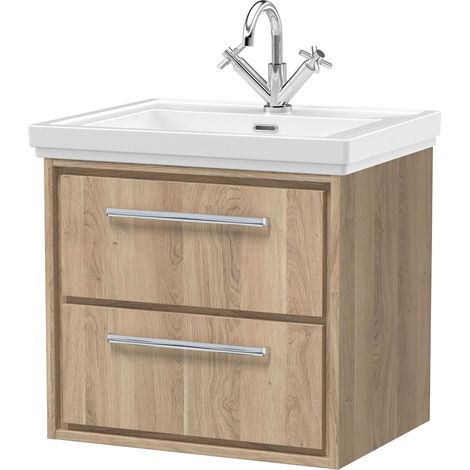 Longnor 2 Drawer Wall Hung Vanity Unit with 1 Tap Hole Traditional Fireclay Basin, Light Oak, 600mm
