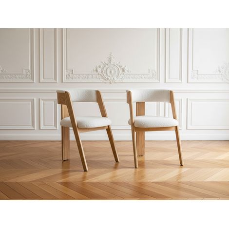 BOBOCHIC - Lot de 2 chaises BORELY placage chêne massif et tissu bouclette Marron clair (1/4)