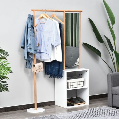 Armoire d'entrée HOMCOM avec miroir, 4 crochets, 2 niches, dimensions 100L x 34P x 164H cm, MDF blanc et bambou massif. (1/5)