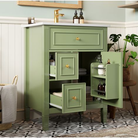Mueble de baño verde brillante de 61 cm con lavabo cerámico, cajones y puerta abatible (1/5)