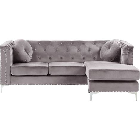 Sofá esquinero tapizado en terciopelo gris 3 plazas con forma de L versión izquierda cojines adicionales con mechones decorativos Flen