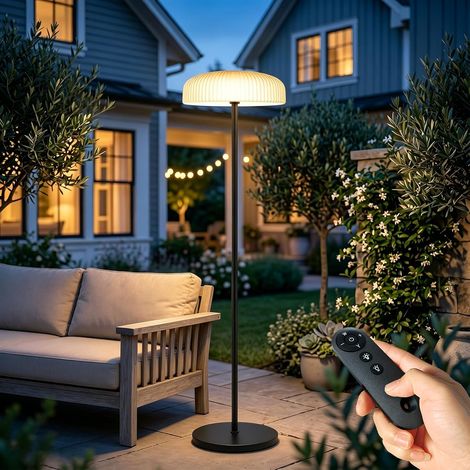 Lampadaire solaire pour terrasse extérieure, LED sans fil avec télécommande, 10 niveaux de luminosité, blanc chaud et blanc froid, étanche, rechargeable 4000 mAh (1/5)