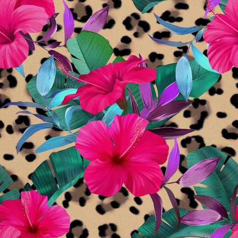 Tissu d'extérieur décoratif Oxford - Motif hibiscus sur fond léopard (1/5)