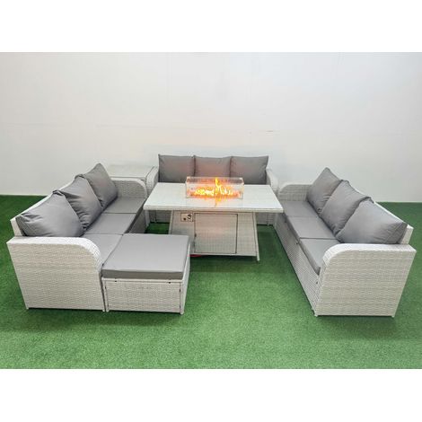 Fimous PE Rattan Lounge Sofa Set 10 Seater Outdoor Garden Furniture Set with Firepit Dining Table 3 Seater Sofa Big Footstool Side Table Light Grey (1/4)