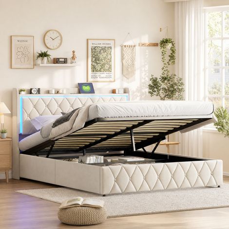 Lit coffre 160x200 cm, velours beige, tête de lit LED & USB, rangement hydraulique grand espace, style luxueux, chambre parentale