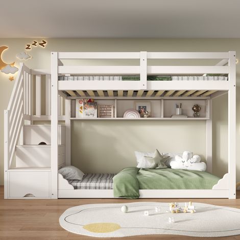 Lit superposé enfant 90x200 blanc avec escalier-rangement, étagères et garde-corps (1/5)