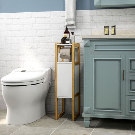 Mueble de baño que ahorra espacio con portarrollos de papel higiénico, armario y estante, mueble compacto de bambú, 20x33x80cm, blanco