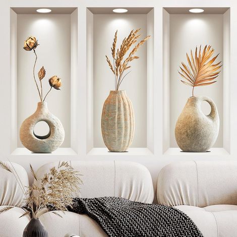 JSSEVN-3 Pièces Stickers Muraux Vase 3D Autocollant Mural Plante Vinyle Adhesif Art Moderne Sticker Mural Décoration pour Salon 23.5 x 50 cm (1/5)
