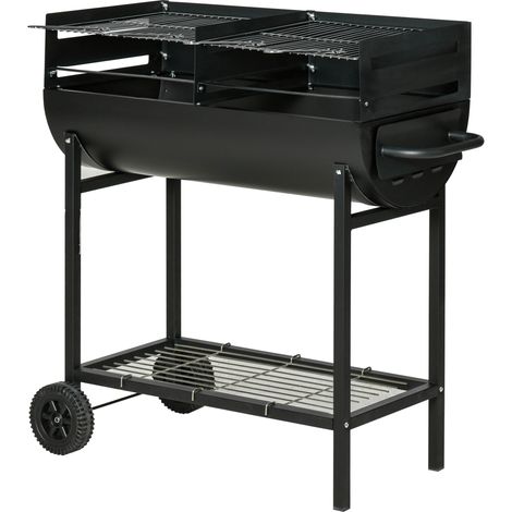 Barbecue in Acciaio con 2 Griglie Indipendenti, 2 Ruote e Ripiano Inferiore Nero 90cm x 45cm x 96cm