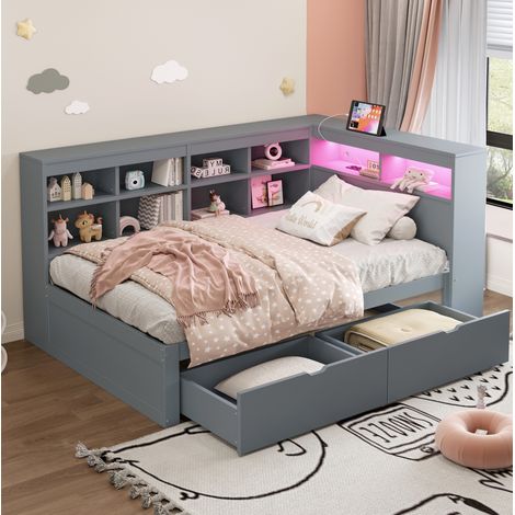 Bett modern aus Holz grau 90x200 cm mit Kopfteilregalen, Schubladen, USB-Anschluss und LED (1/5)
