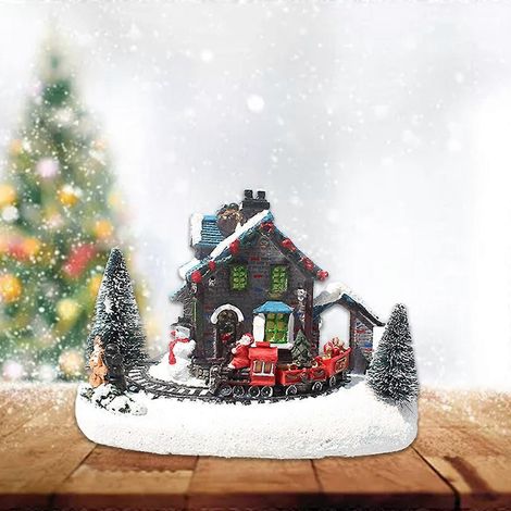 Maison illuminée par des lumières LED colorées, petit village de trains de Noël, maison lumineuse (1/4)