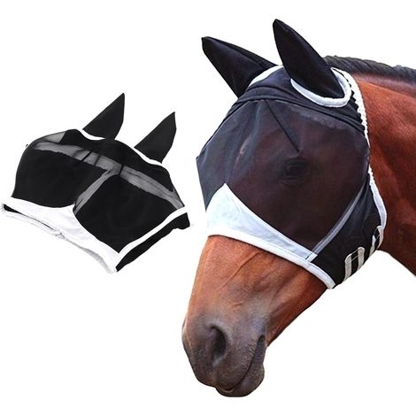 1 pièce Masque Anti-Mouches Protection Anti-UV avec Oreilles Noir Cheval (1/5)