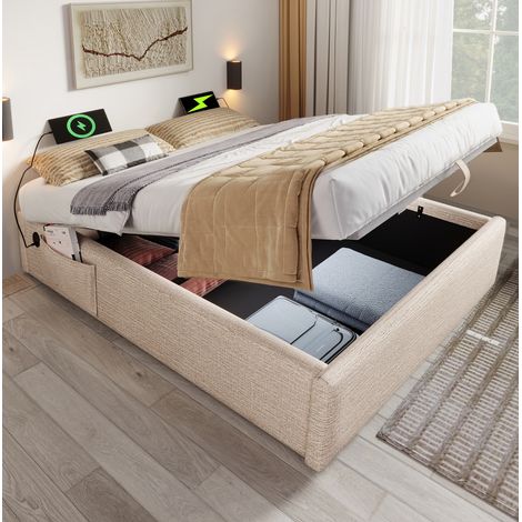 Cama canapé moderna 160x200 cm en lino beige y natural, con USB-C, arcón elevable y base completa de madera maciza