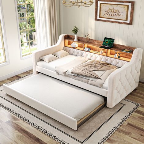 Bettsofa ausziehbar 90x190 cm aus Samt Beige, mit Regal-Stauraum, LED-Beleuchtung und USB-C-Anschluss (1/5)