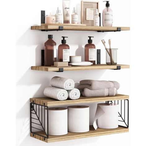 3-tier and 1-tier floating bathroom shelves, 40cm rustic wooden shelves, wall decoration for bathroom, living room, bedroom and kitchen (rustic brown) (1/4)