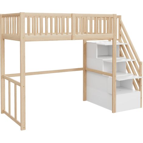Cama alta 90 x 200 de madera con escalera de almacenaje y escritorio, acabado natural (1/5)
