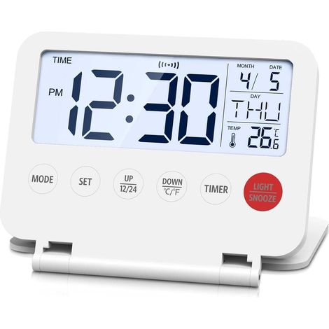 Mini réveil de voyage pliable numérique, écran LCD rétroéclairé, thermomètre, snooze, date et heure, horloge bureau pour chambre, cuisine (1/5)