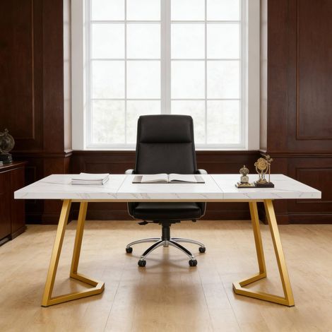 Bureau 140 x 80 x 75 cm en métal et bois, effet marbre, blanc et or HAVRYA (1/5)