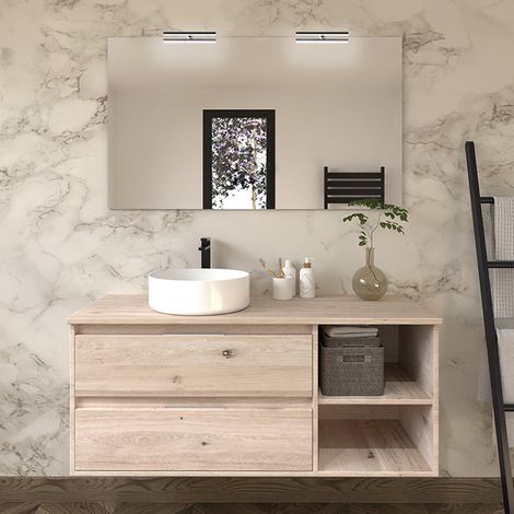 Meuble de salle de bain cambrian (chêne clair) - OLYMPE avec vasque à poser ronde et miroir avec appliques - 120cm (1/5)