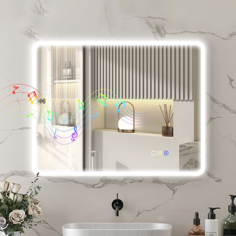 Miroir salle de bain LED bluetooth 70 x 90 cm interrupteur tactile lumière réglable 3 couleurs anti-buée mémoire argent