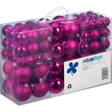 Relaxdays Bolas de Navidad, set 100, decoración, mate/brillo/purpurina, Ø 3/4/6 cm, rosa (1/5)